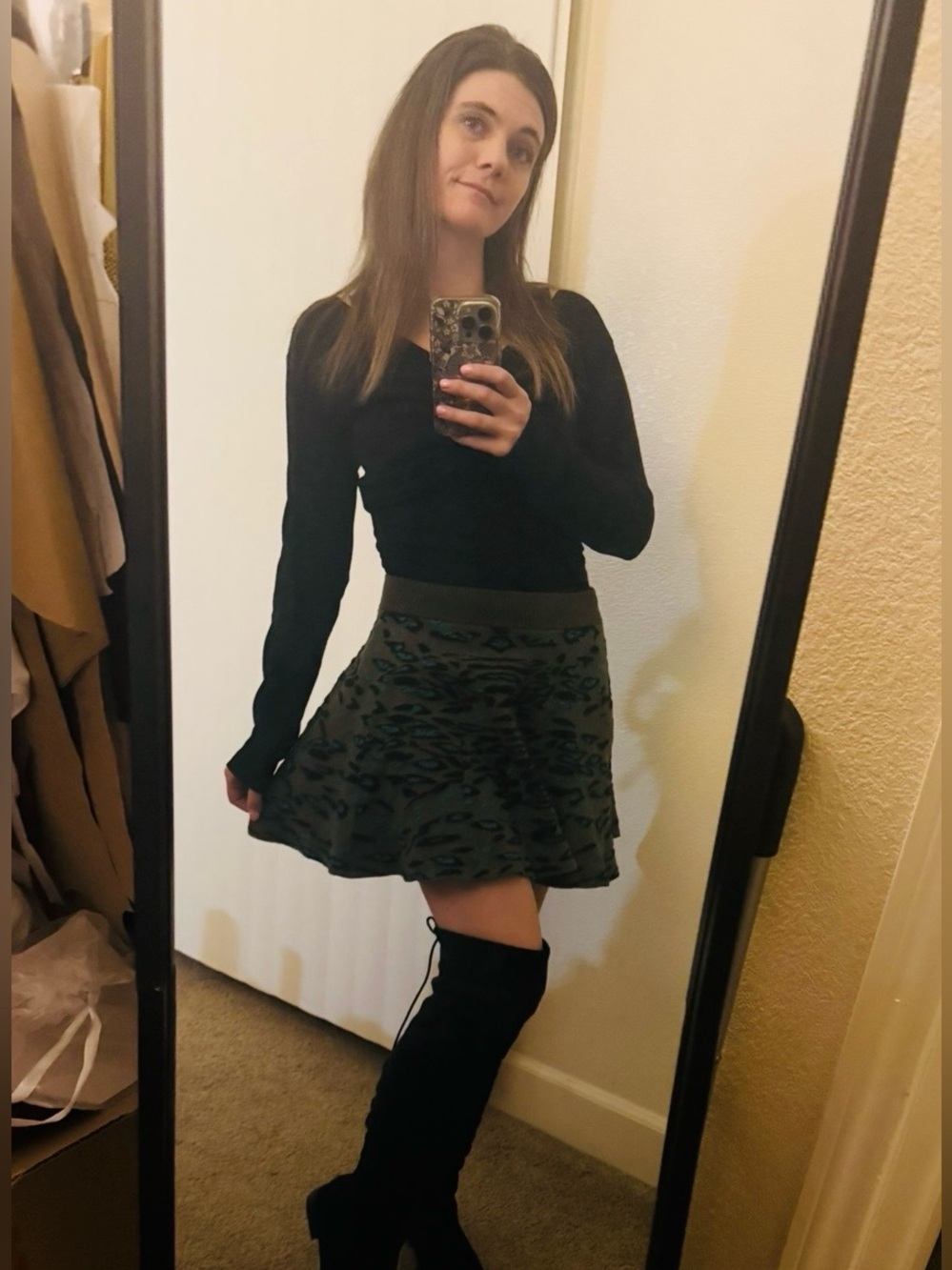 H&M Olive Knit Skirt with Teal Metallic Leopard